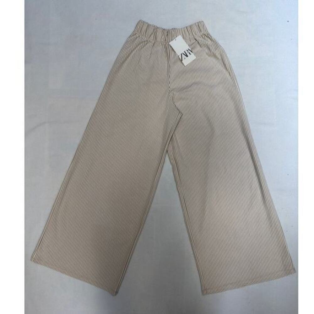 Zara Womens Khaki Striped Wide Leg High Rise Palazzo Boho Pull On Size Small‎